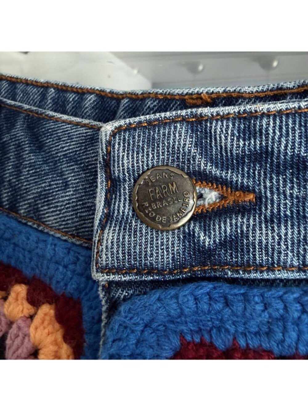 Farm Rio Ultra High-Rise Crochet Denim Shorts Colorful Granny-squares - Picture 5 of 7